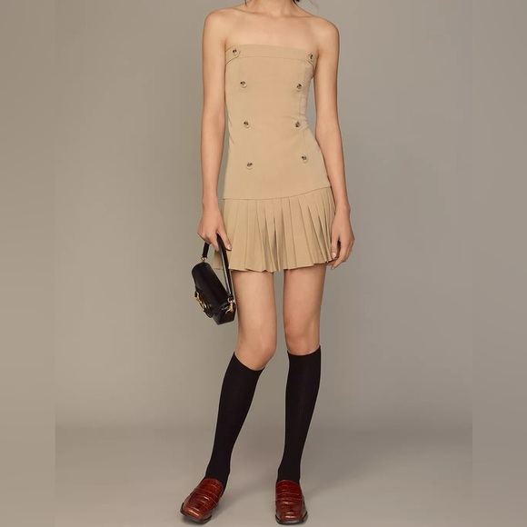 Anthropologie Flat White Strapless Pleated Mini Dress - Size M -‎ Beige - NWT - Picture 4 of 11